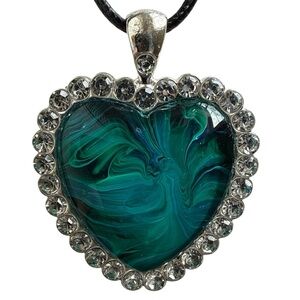 Handmade Green Teal Fluid Art Heart Pendant Necklace Silver Rhinestone Halo